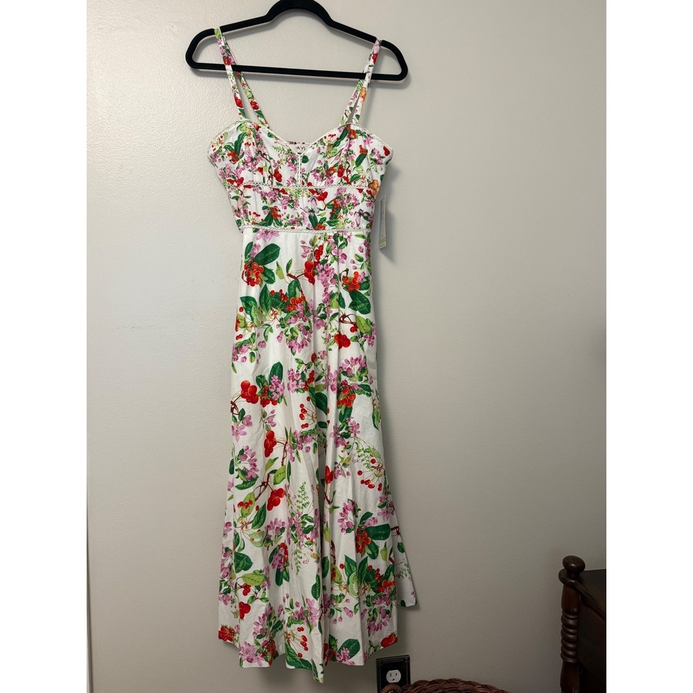 Taylor Women Floral Cherry Print Midi Dress White Red Sweetheart Neck Pockets - Picture 2 of 16